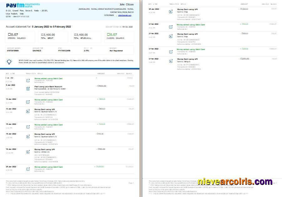 India Paytm Payments bank statement, Word and PDF format, 2 pages, version 2